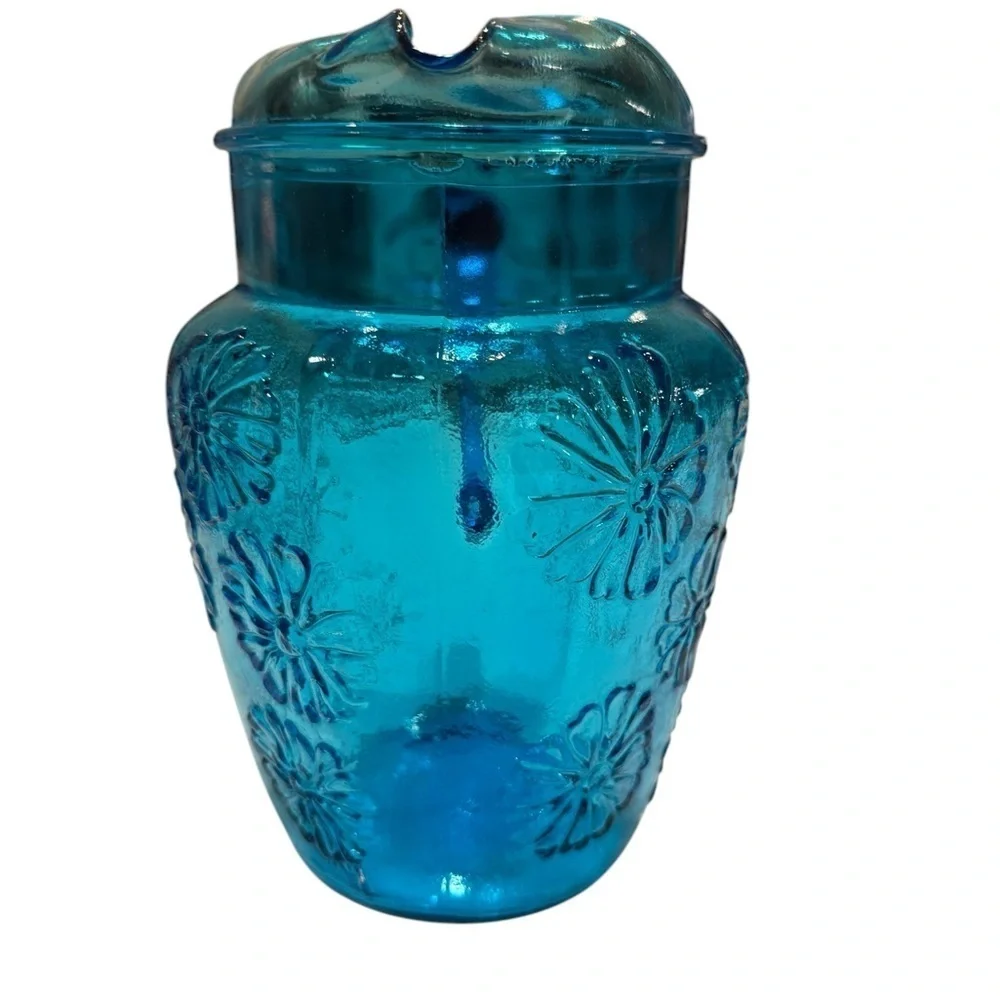Cobalt Blue Glass Water Pitcher Vtg. 1960’s Embossed Floral Mid Century Modern